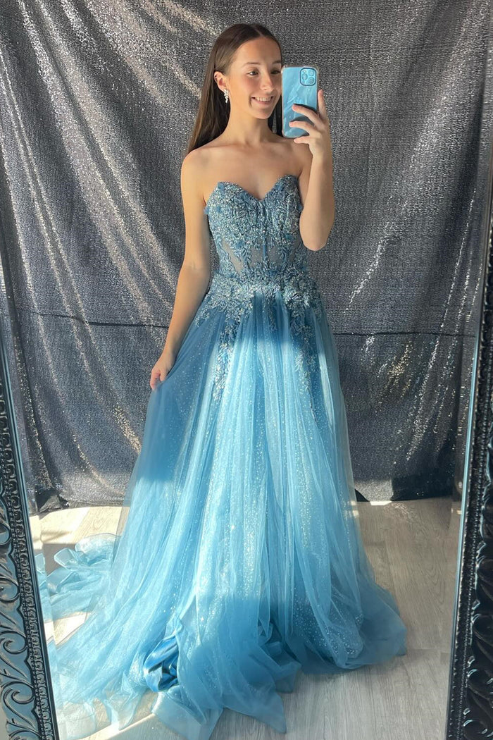 Aqua Strapless Floral Appliques A-line Long Prom Dress