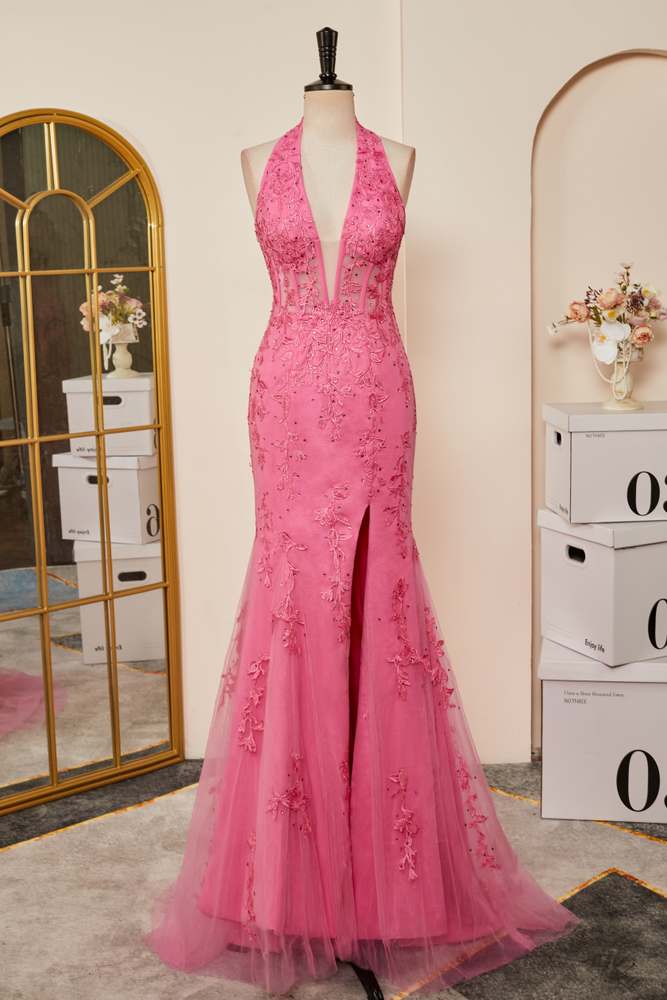 Pink Plunging Halter Appliques Mermaid Long Prom Dress with Slit