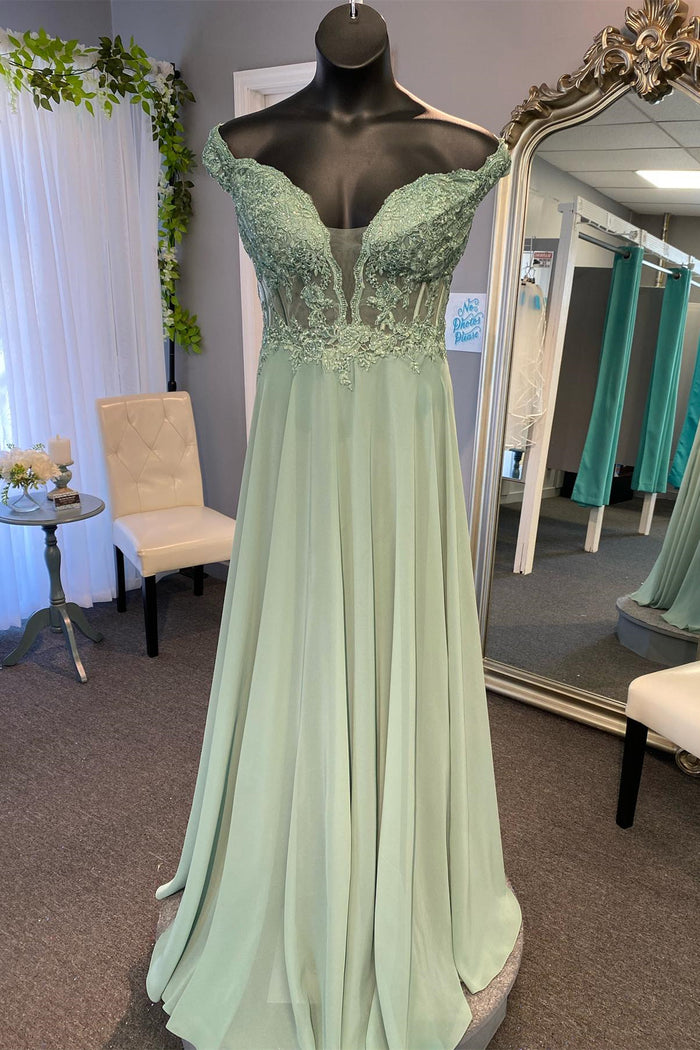 Dusty Sage Off-the-Shoulder Appliques A-line Chiffon Long Prom Dress