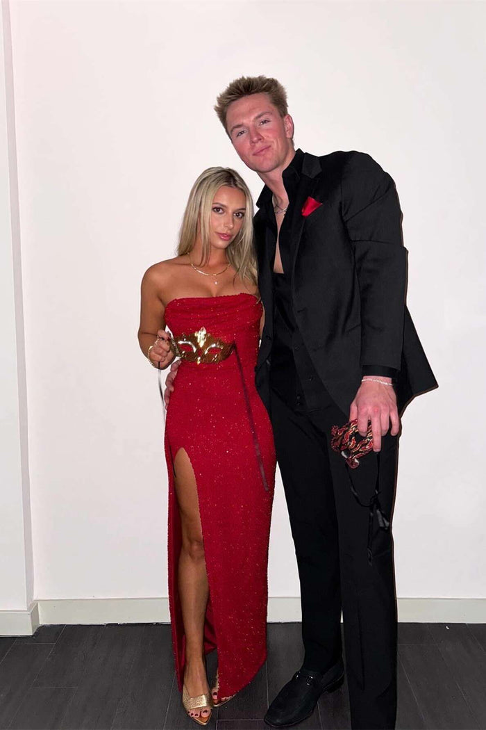 Ruched Red Strapless Fitted Dress with Slit