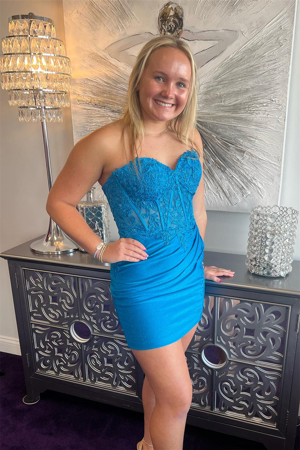 Blue Jay Strapless Appliques Sheath Homecoming Dress