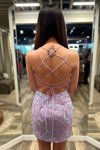 Lilac Sheath Appliques V Neck Double Straps Homecoming Dress