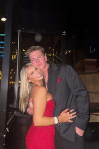 Ruched Red Strapless Fitted Dress with Slit