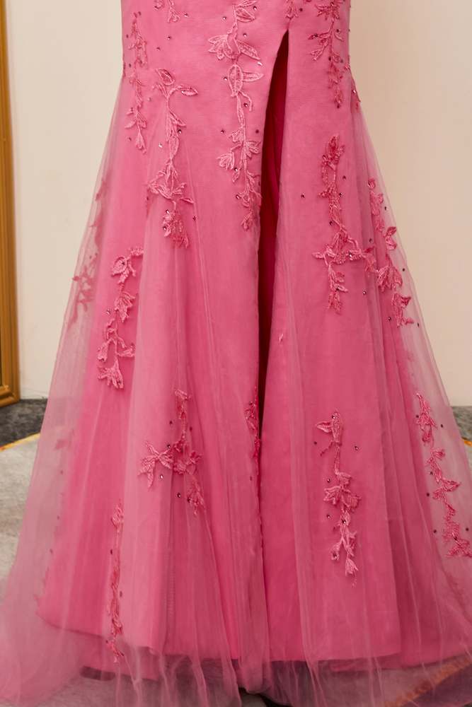 Pink Plunging Halter Appliques Mermaid Long Prom Dress with Slit