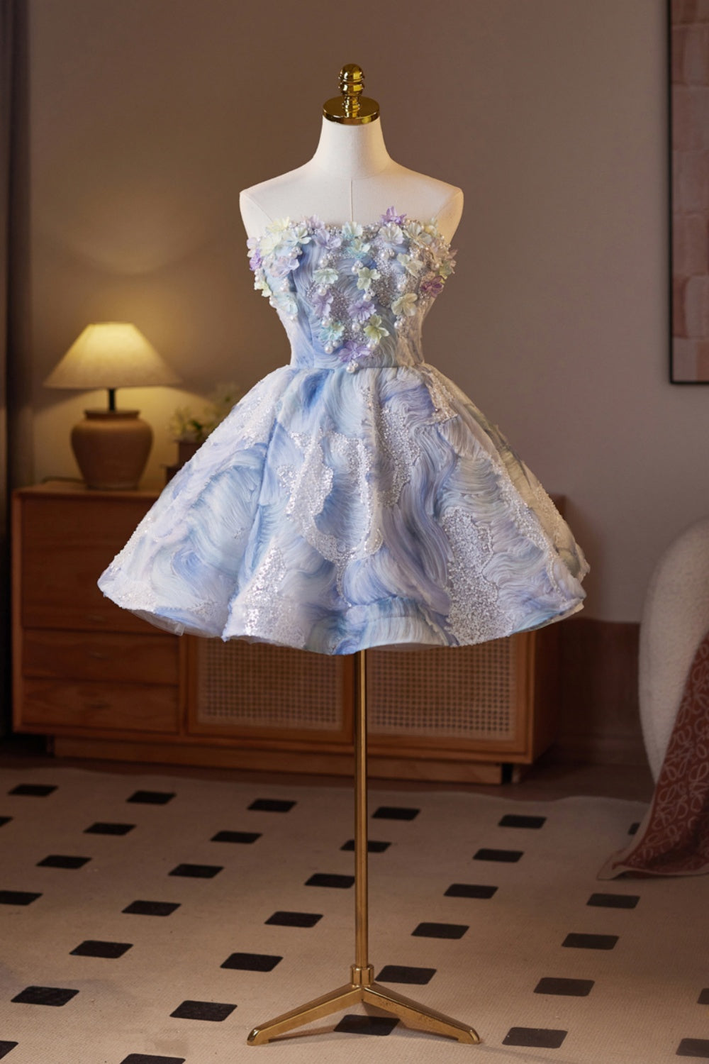 Strapless Sequin Floral Lace-up Back Homecoming Dress