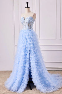 Light Blue Strapless Floral Layers A-line Long Prom Dress with Slit