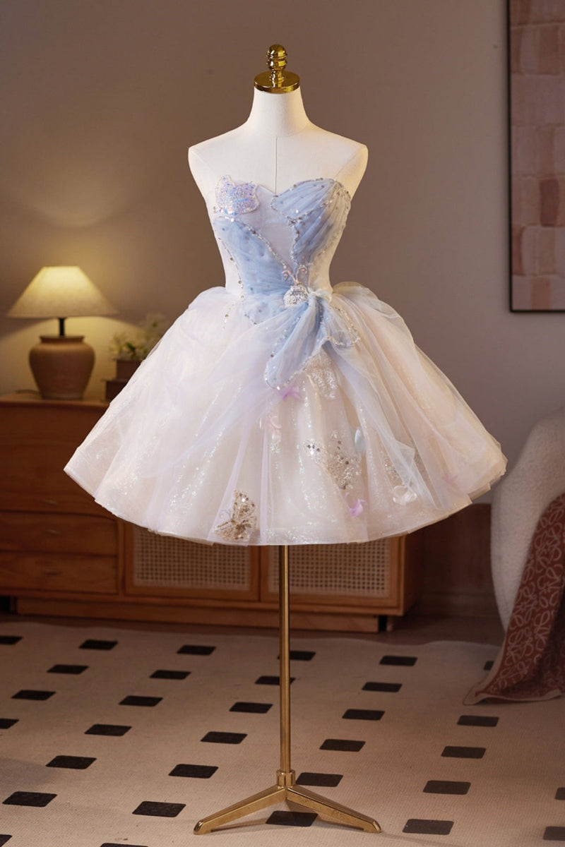 Strapless Blue Butterfly Patttern Short A-line Dress