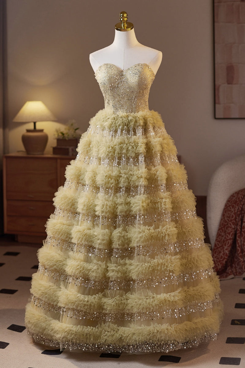 Golden Sweetheart Sequin Ruffle A-line Prom Gown