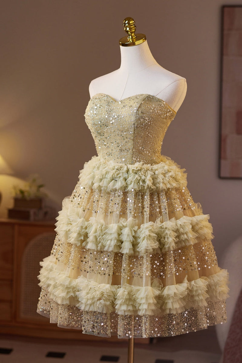 Golden Sweetheart Sequin Ruffle A-line Homecoming Dress
