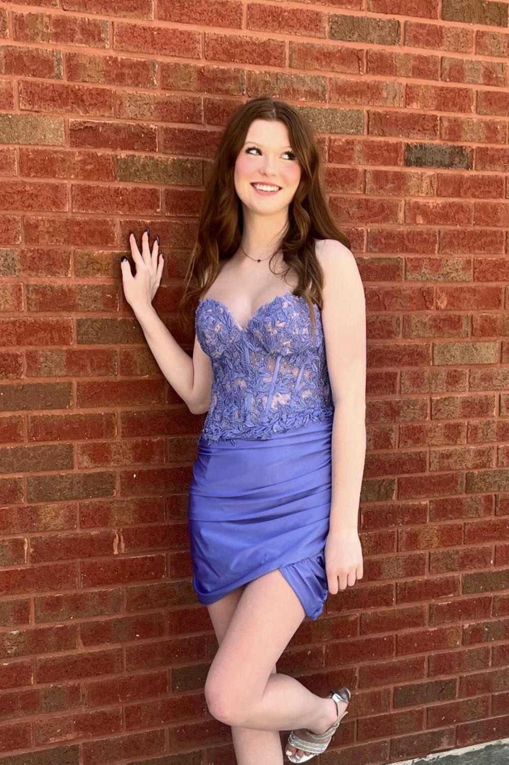 Periwinkle Appliques Ruched Tight Cocktail Dress