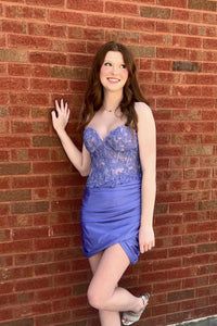 Periwinkle Appliques Ruched Tight Cocktail Dress