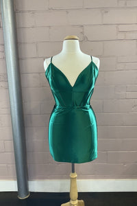 Fuchsia Plunging V Neck Satin Sheath Homecoming Dress