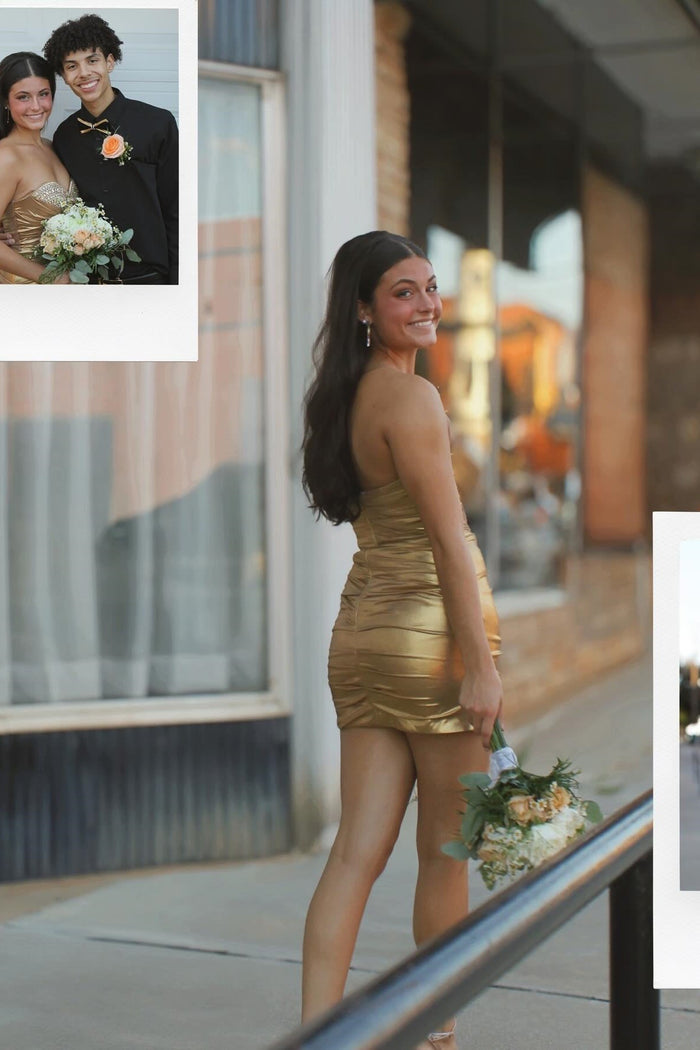 Rhinestones Sweetheart Gold Metallic Tight Dress