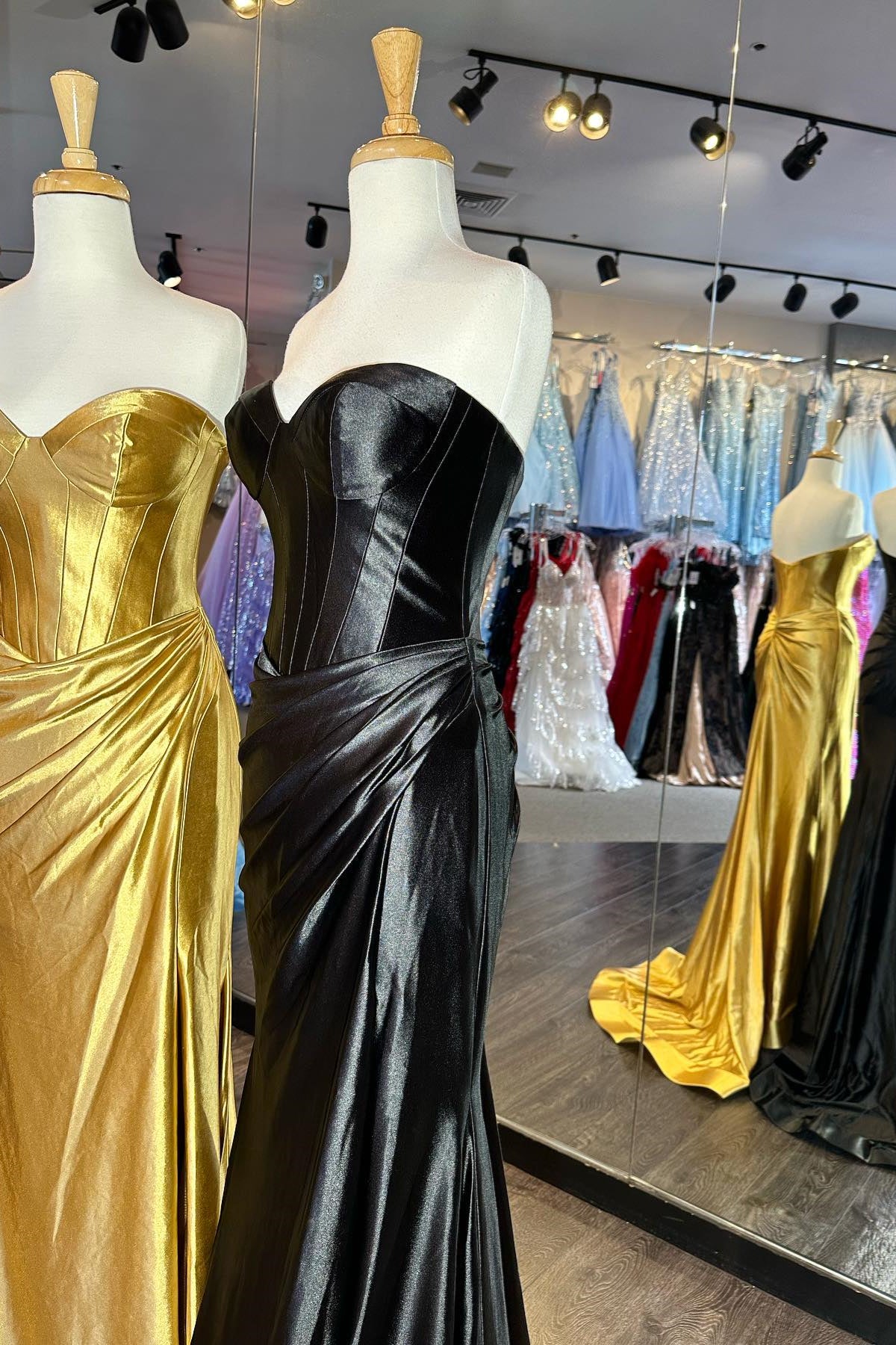 Gold & Black Strapless Mermaid Satin Long Prom Dress