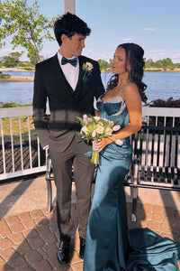 Ink Blue Beaded Mermaid Straps Satin Long Prom Dress with Slit