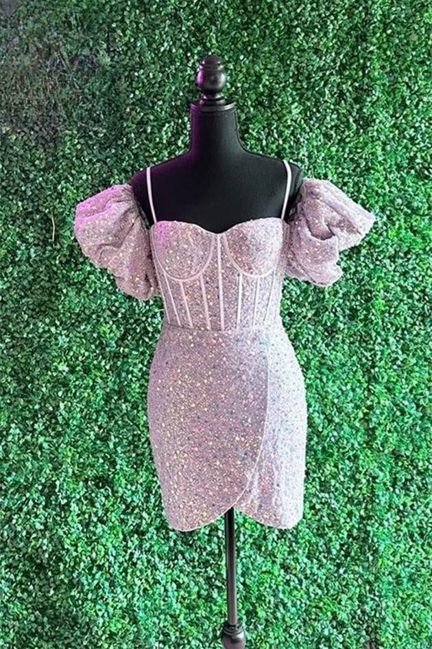 Lavender Puff Sleeves Sequins Sheath Homecoming Dress