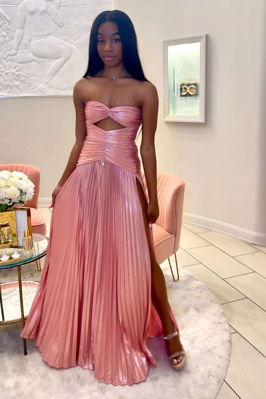 Ruched Pink Metallic Keyhole Long Formal Dress