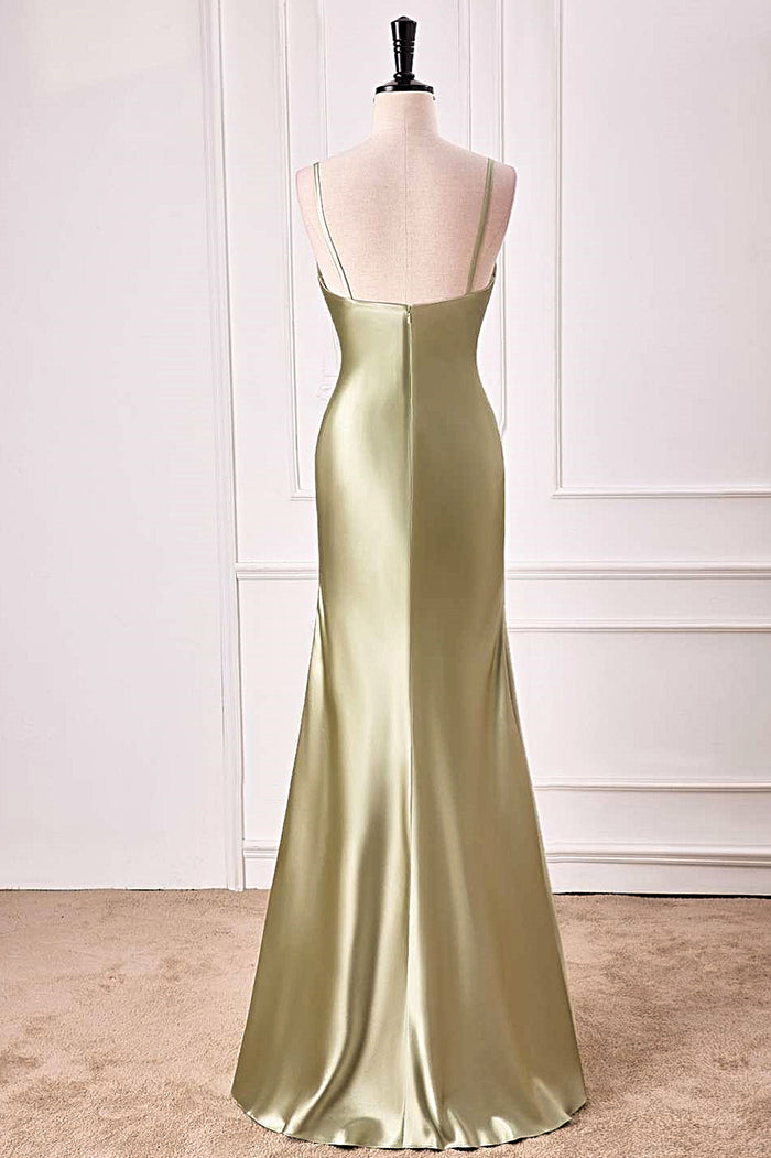 Dusty Sage Plunging V Neck Mermaid Satin Long Prom Dress