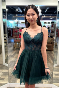 Dark Green A-line Straps Beaded Appliques Homecoming Dress