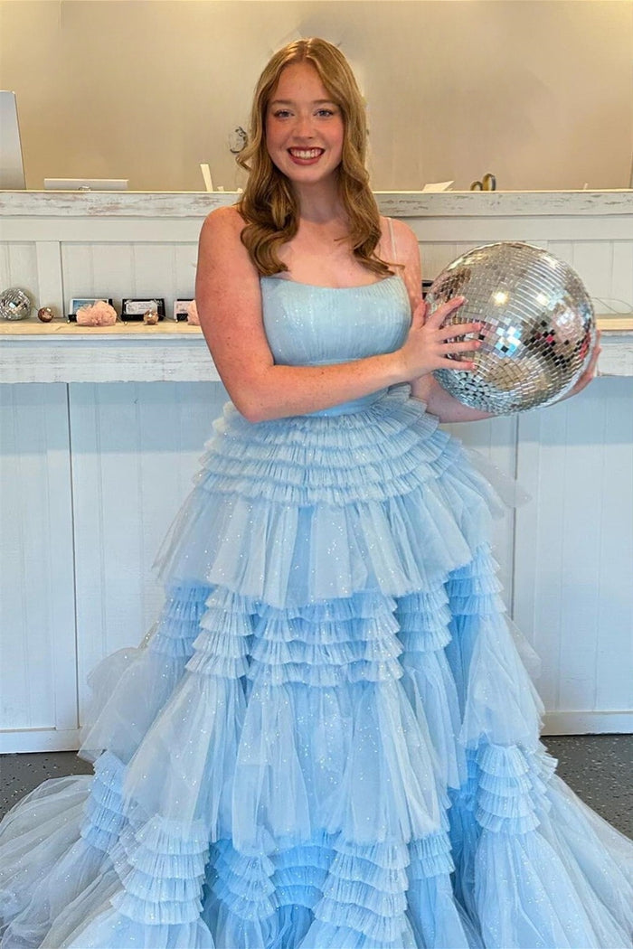 Light Blue Retro-U Spaghetti Straps Layers A-line Long Prom Dress