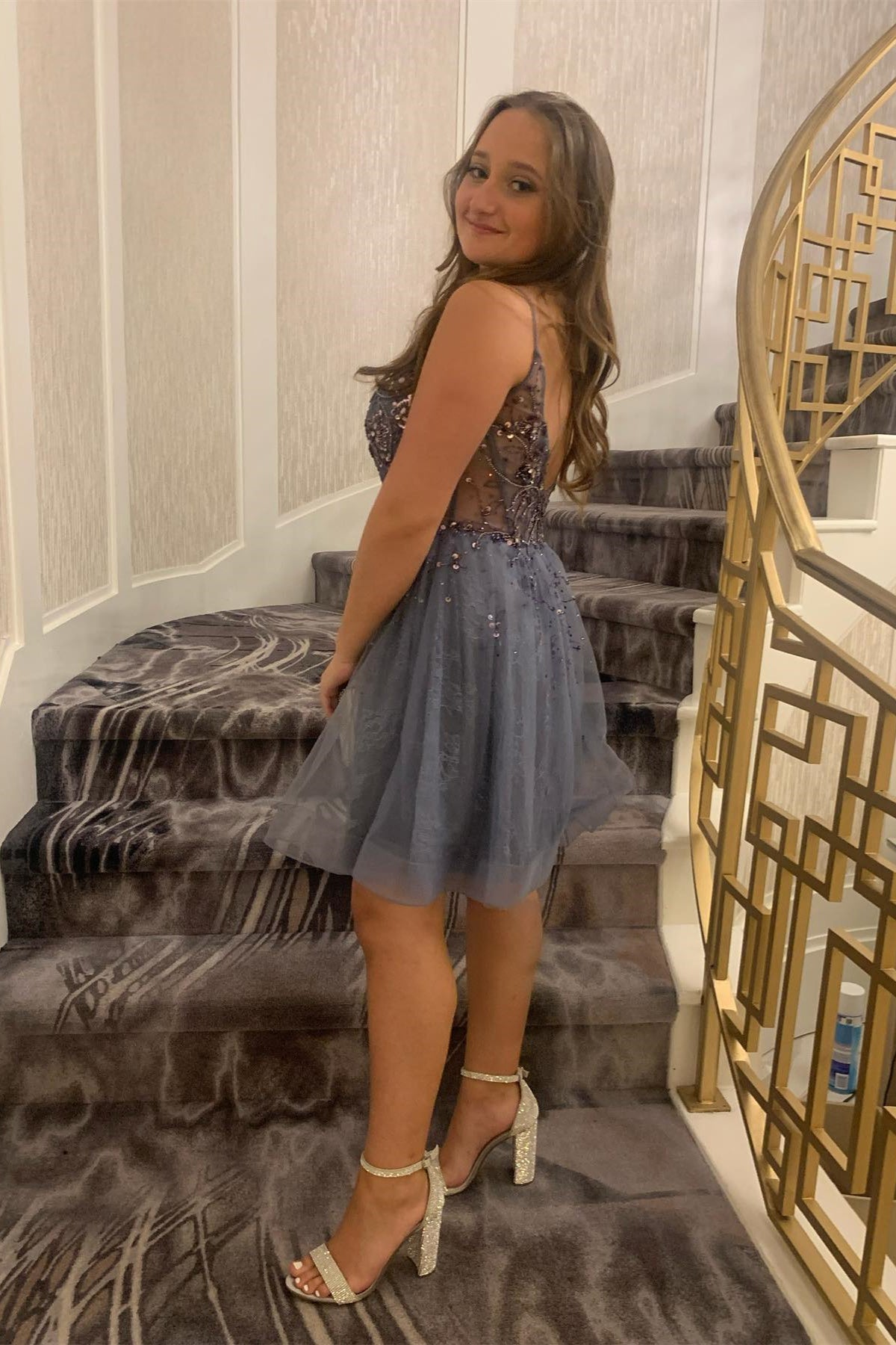 Grey Straps Deep V Neck Appliques Tulle Homecoming Dress