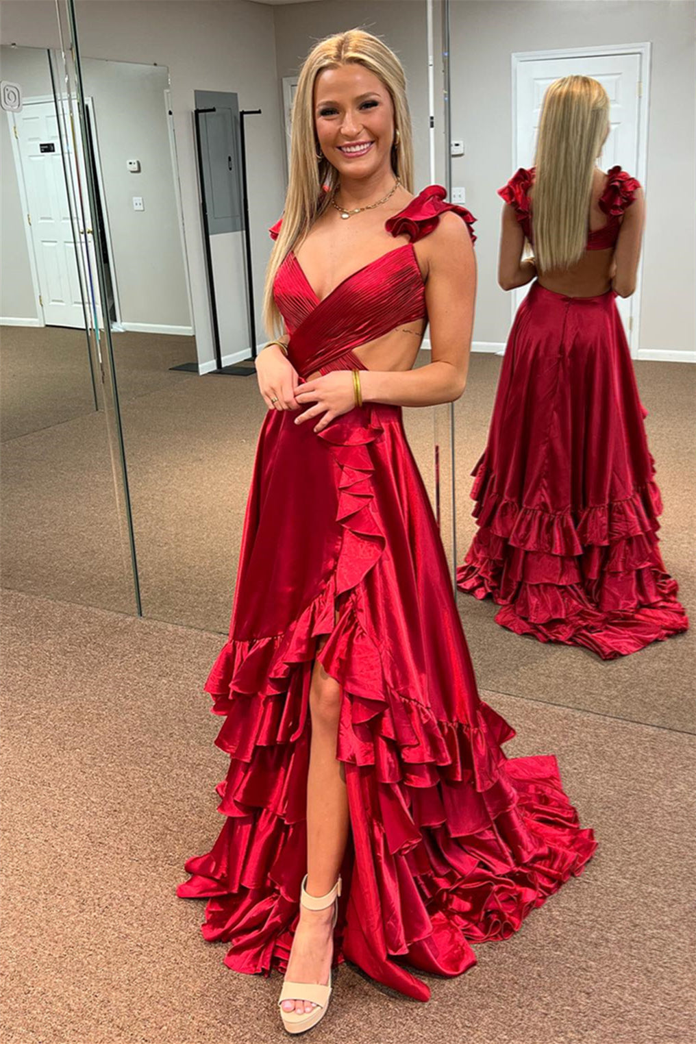 Red Ruffled Crossed Top Hi-Low Layers Long Prom Dress