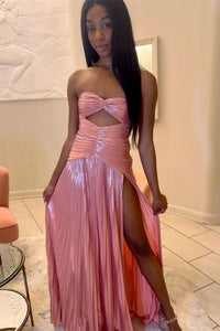 Ruched Pink Metallic Keyhole Long Formal Dress