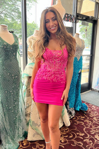 Hot Pink Sequin-Embroidered Lace-Up Sheath Satin Homecoming Dress