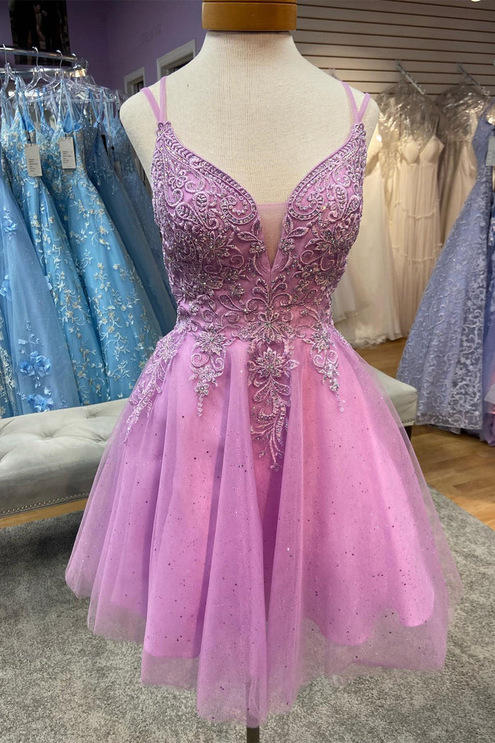 Lilac Plunging V Neck Lace-Up Appliques Tulle Homecoming Dress