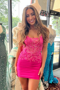 Hot Pink Sequin-Embroidered Lace-Up Sheath Satin Homecoming Dress