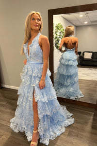 Light Blue Halter Layers Sequined Floral Long Prom Dress with Slit
