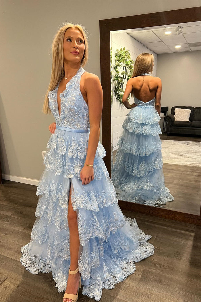 Light Blue Halter Layers Sequined Floral Long Prom Dress with Slit