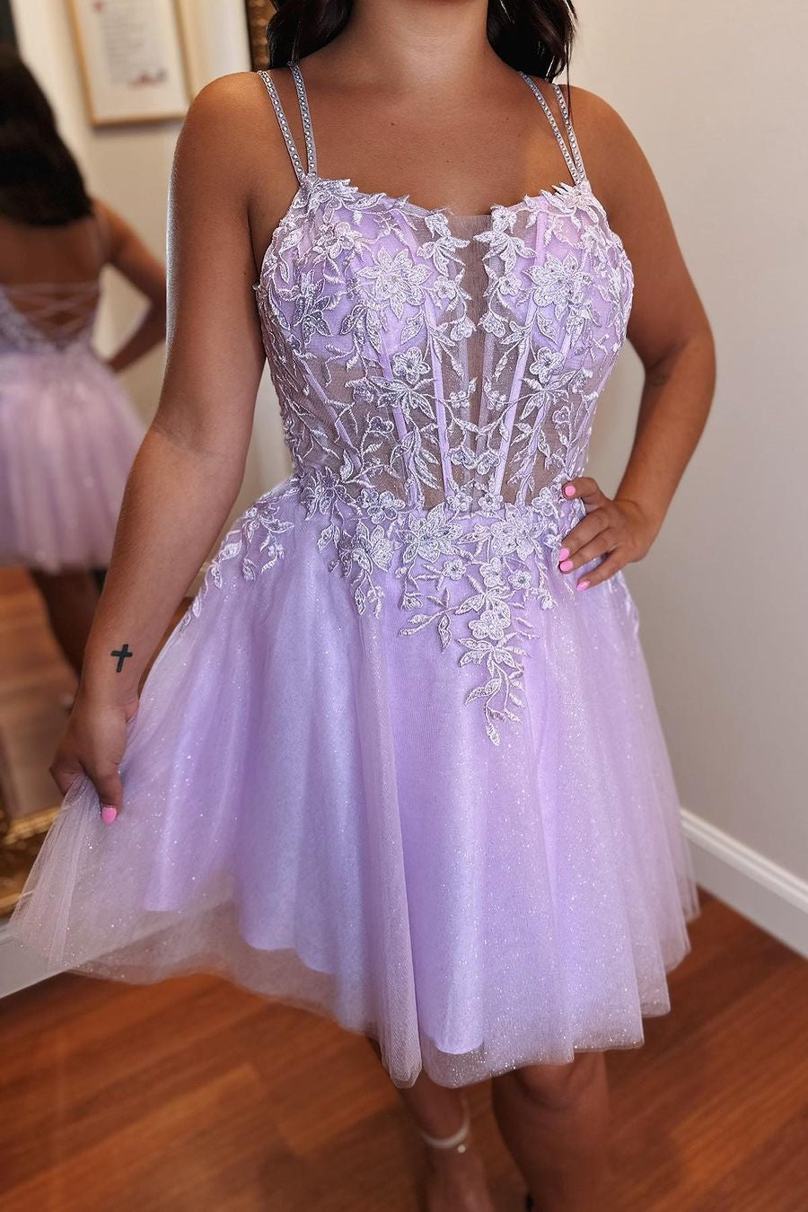 Lavender A-line Appliques Lace-Up Tulle Homecoming Dress