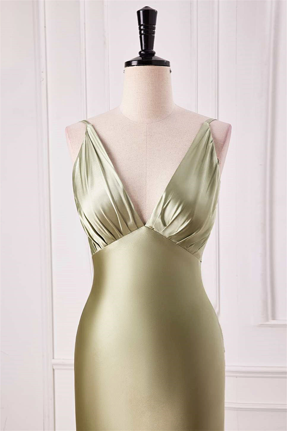 Dusty Sage Plunging V Neck Mermaid Satin Long Prom Dress