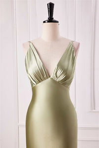 Dusty Sage Plunging V Neck Mermaid Satin Long Prom Dress