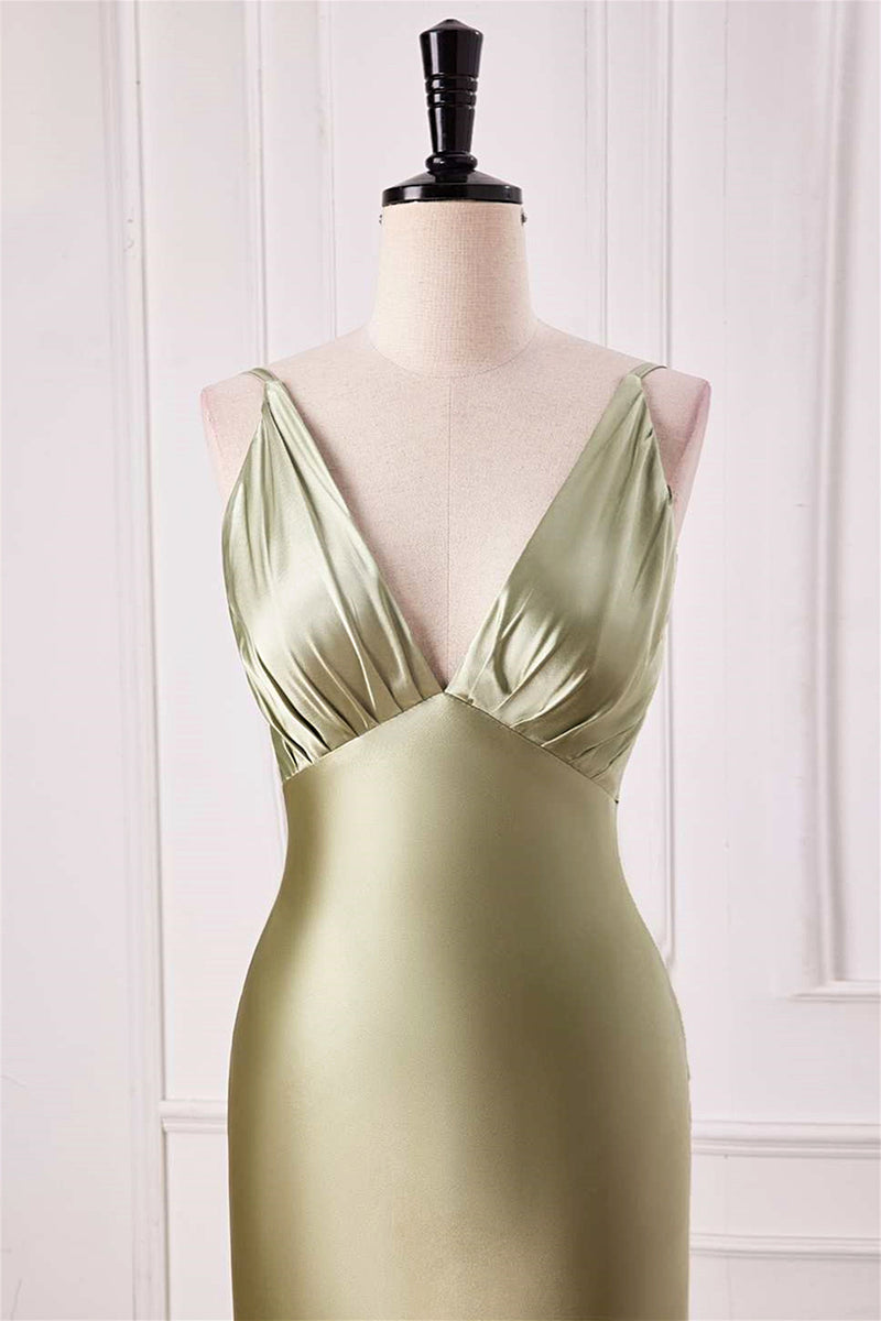 Dusty Sage Plunging V Neck Mermaid Satin Long Prom Dress