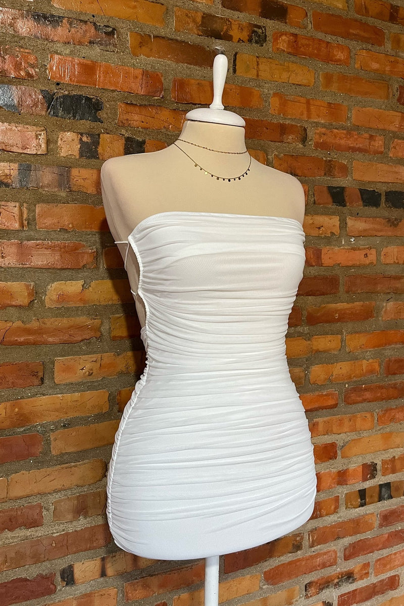 White Strapless Ruched Lace-up Back Homecoming Dress