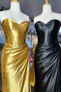 Gold & Black Strapless Mermaid Satin Long Prom Dress