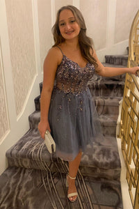 Grey Straps Deep V Neck Appliques Tulle Homecoming Dress