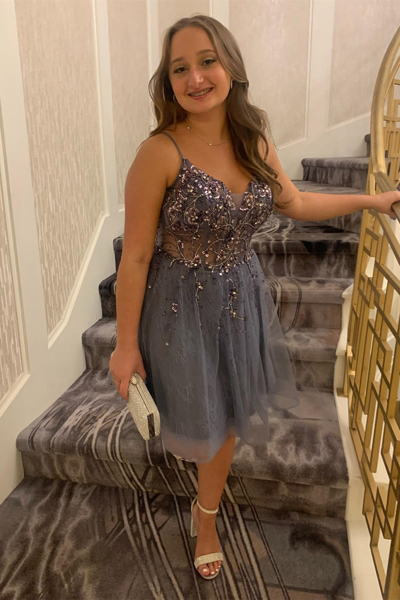 Grey Straps Deep V Neck Appliques Tulle Homecoming Dress