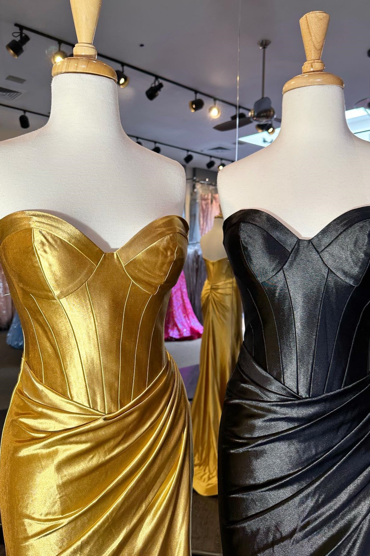 Gold & Black Strapless Mermaid Satin Long Prom Dress