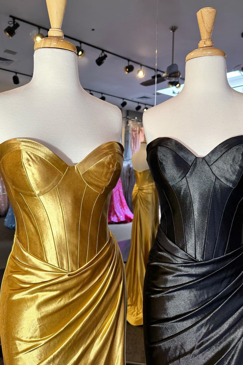 Gold & Black Strapless Mermaid Satin Long Prom Dress