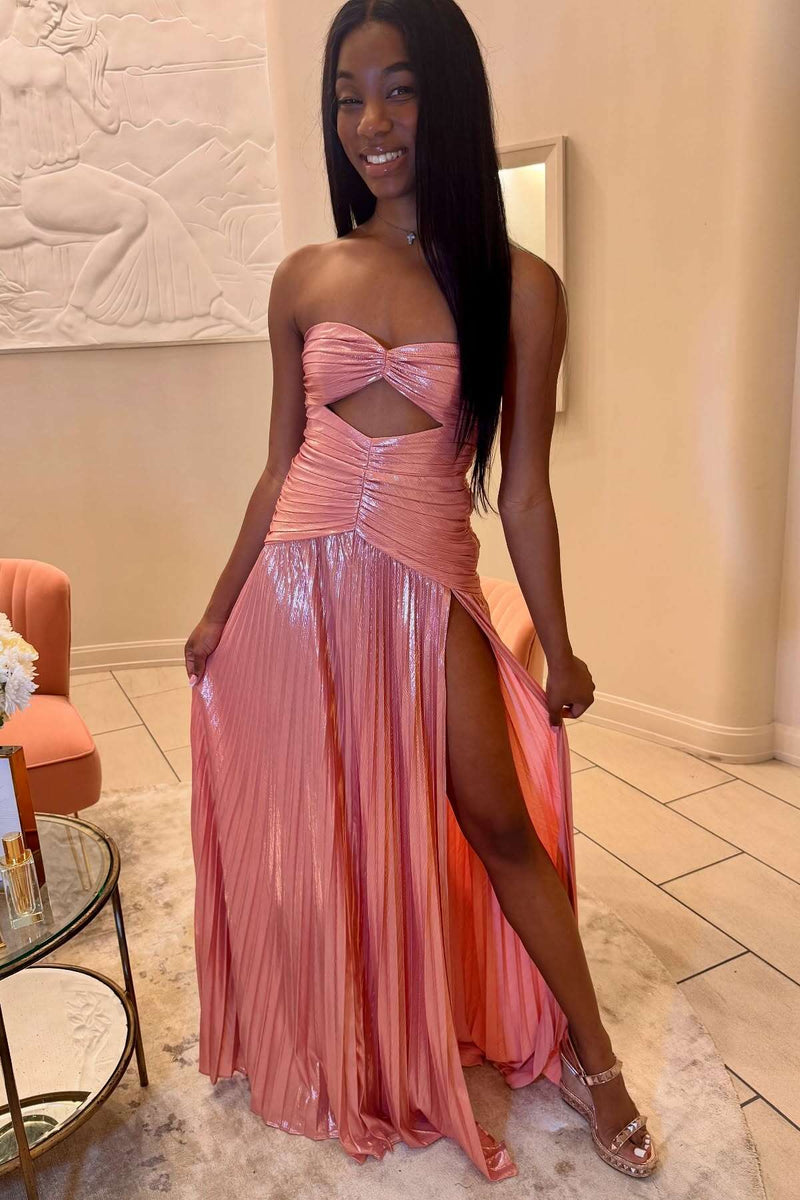 Ruched Pink Metallic Keyhole Long Formal Dress