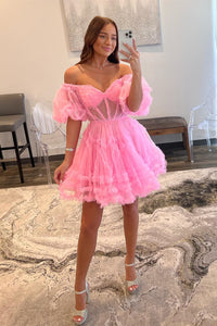 Pink Off-the-Shoulder Ruffles Puff Sleeves Homecoming Dress
