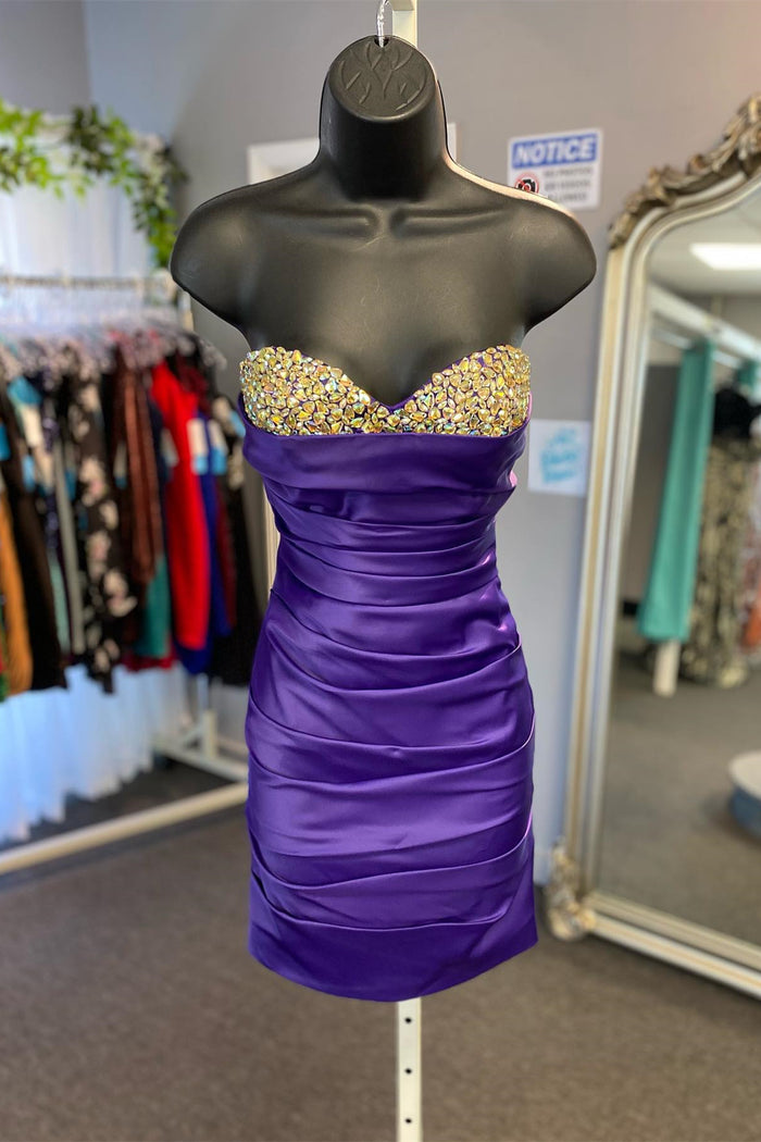 Regency Strapless Beaded Pleated Satin Sheath Homecoming Dress