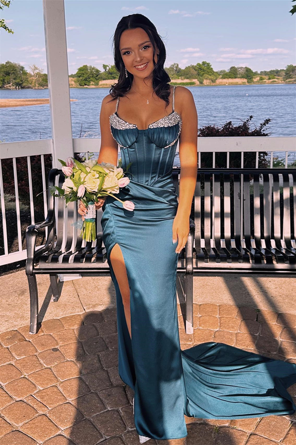 Ink Blue Beaded Mermaid Straps Satin Long Prom Dress with Slit