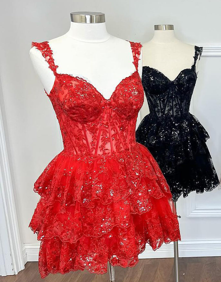 Red Off-the-Shoulder Lace Multi-Layers Appliques Sequins Homecoming Dress
