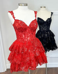 Red Off-the-Shoulder Lace Multi-Layers Appliques Sequins Homecoming Dress