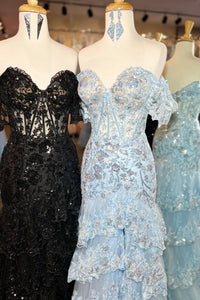 Black & Light Blue & Sky Blue Off-the-Shoulder Sequined Appliques Multi-Layers Long Prom Dress with Slit