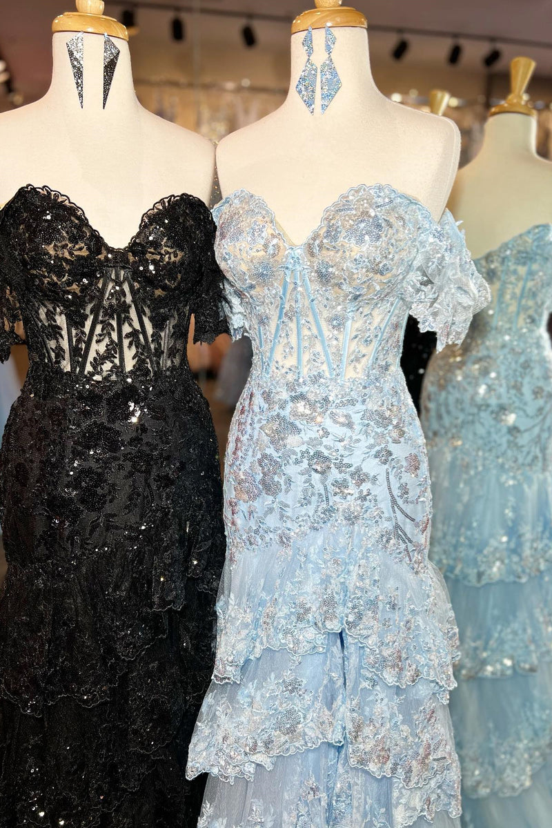 Black & Light Blue & Sky Blue Off-the-Shoulder Sequined Appliques Multi-Layers Long Prom Dress with Slit